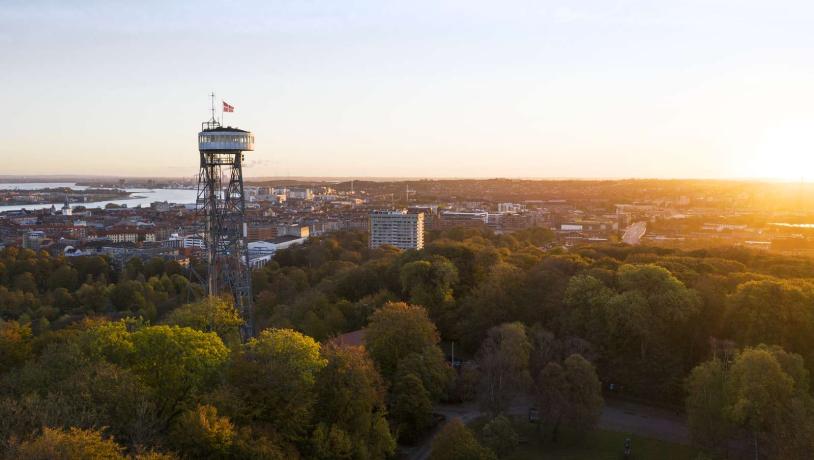 View of Aalborg with the Aalborg tower in focus